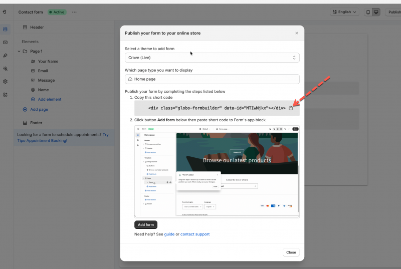 Display a form on a specific page